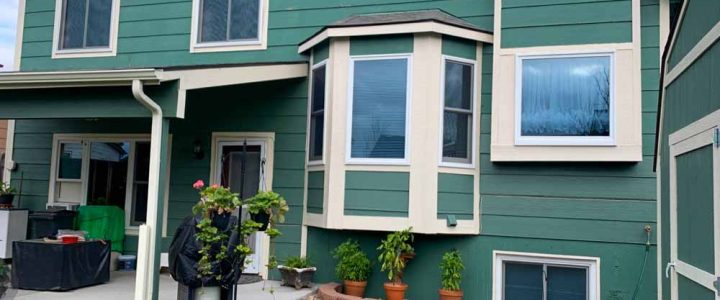 Newly painted exterior of the house with color green, window trims with white and beige